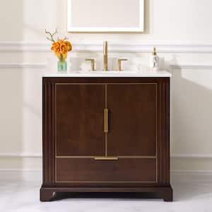 36 in. W x 22 in. D x 35 in. H Solid Wood Bath Vanity in Esprasso, White Quartz Top, Single Sink, Soft Close Drawers