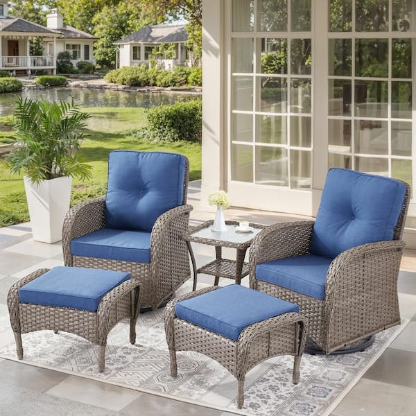 Bellefurn Rotavia 5-Piece Gray Wicker Patio Conversation Set with Swivel Rocking Chairs, Ottomans, Side Table and Blue Cushions