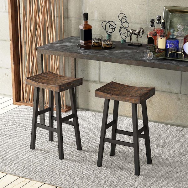 29 in. Brown Backless Acacia Wood Bar Stool Counter Stool with Wood Seat Set of 2