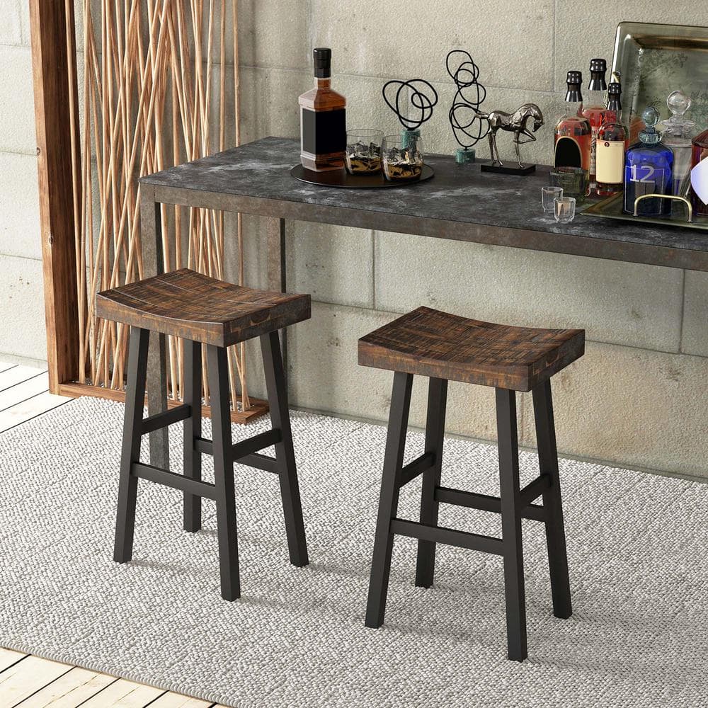 Costway 29 in. Brown Backless Acacia Wood Bar Stool Counter Stool with Wood Seat Set of 2 M1C1128GG3 29 The Home Depot