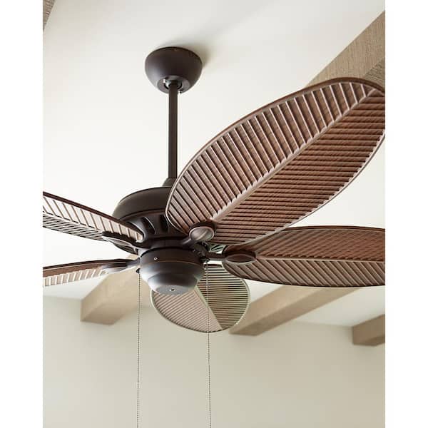 Generation Lighting - Cruise 52 in. Wet Rated Coastal Outdoor Roman Bronze Ceiling Fan with American Walnut Palm Leaf Blades and Pull Chain