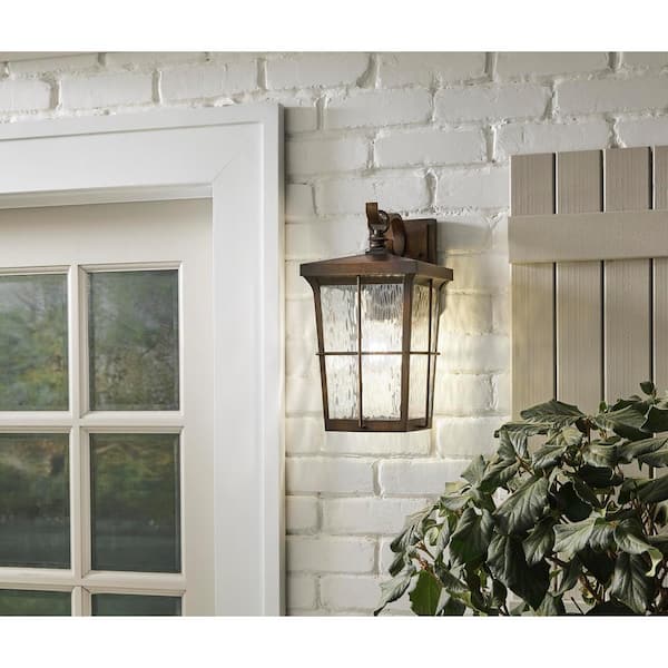 Barrington 14 in. 1-Light Golden Bronze Hardwired Outdoor Wall Light Lantern Sconce with Clear Water Glass