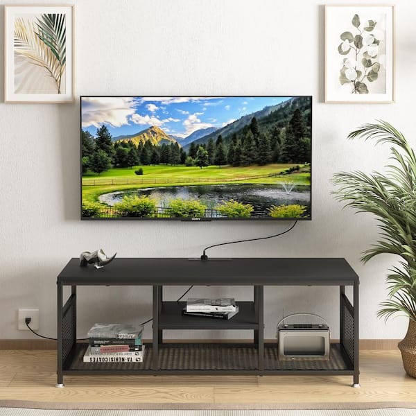 VECELO TV Stand with Power Outlets for Televisions up to 50", 39" Media Entertainment Center with 3-Tier Open Shelves, Black