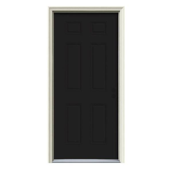 JELD-WEN 30 in. x 80 in. 6-Panel Black Painted w/White Interior Steel Prehung Left-Hand Inswing Front Door w/Brickmould
