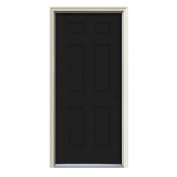 JELD-WEN 36 in. x 80 in. 6-Panel Black Painted w/White Interior Steel Prehung Left-Hand Inswing Front Door w/Brickmould