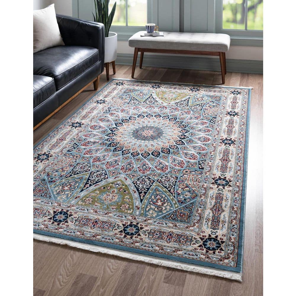 Blue Floral 8' x 10' Stain-Resistant Easy Care Rug