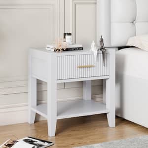 White 1-Drawer Wooden Nightstand with Open Storage, End Table for Bedroom