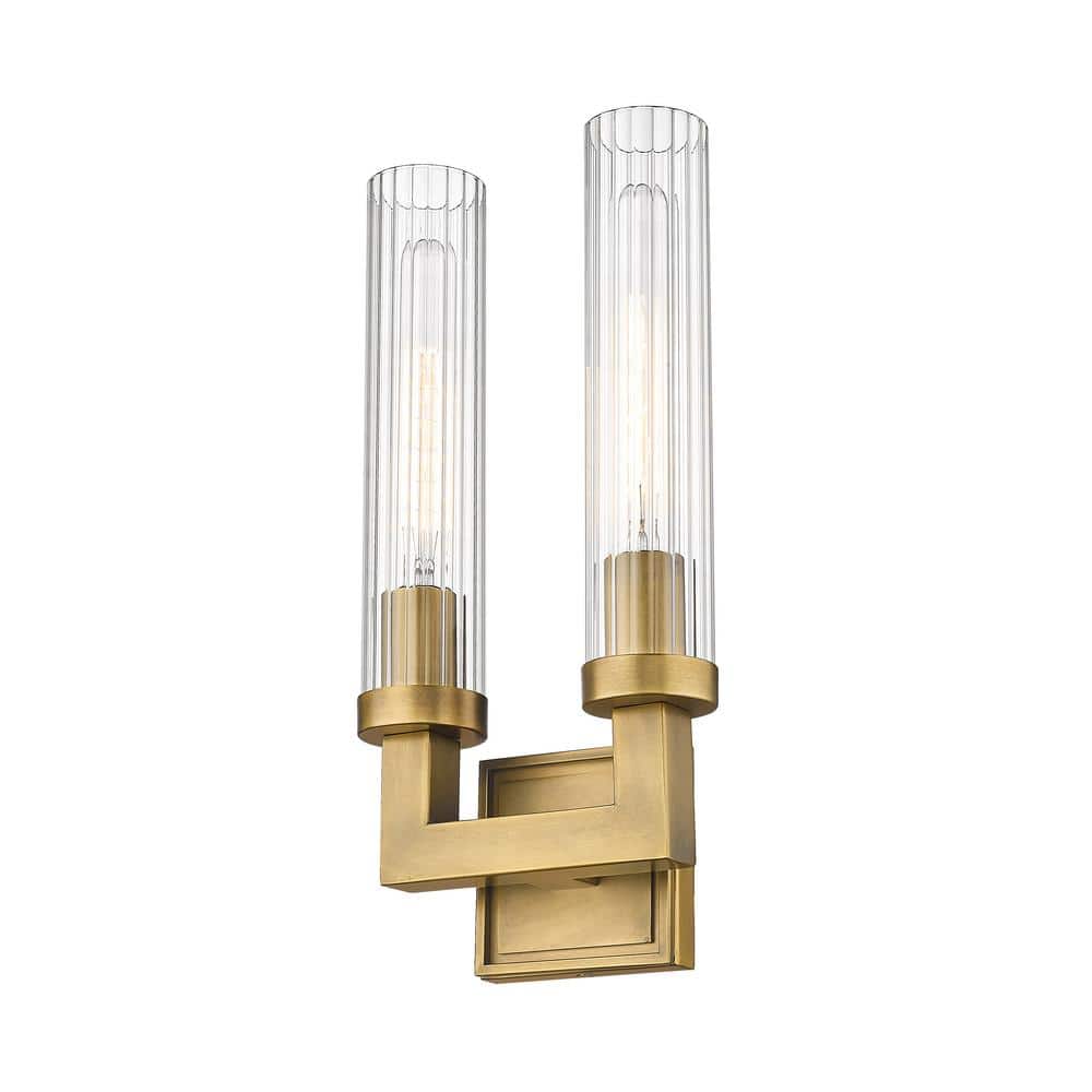 Elegant Rubbed Brass 2-Light Wall Sconce with Textured Glass Shades