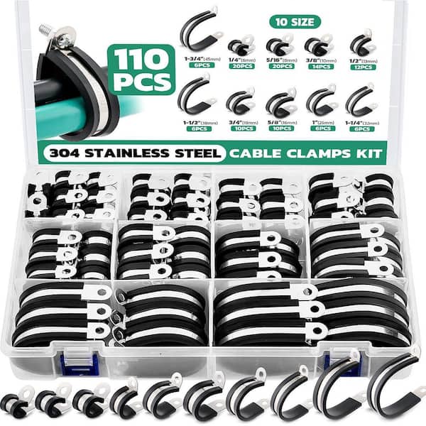 110-Piece Cable Clamp Assortment Kit 10-Sizes Stainless Steel Rubber Insulated Black Wire Pipe Clips Set