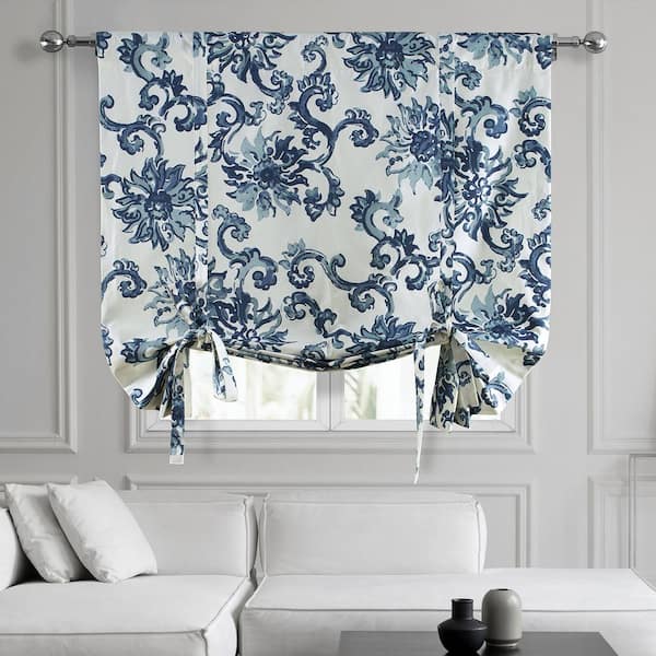 Exclusive Fabrics & Furnishings Indonesian Blue Printed Cotton Rod Pocket Room Darkening Tie-Up Window Shade - 46 in. W x 63 in. L (1 Panel)