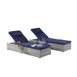 2-Piece Gray PE Rattan Wicker Iron Outdoor Chaise Lounge with Deep Blue Cushions