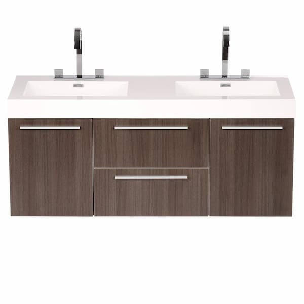 Fresca Opulento 54 in. Double Vanity in Gray Oak with Acrylic Vanity Top in White with White Basins and Mirror Medicine Cabinet