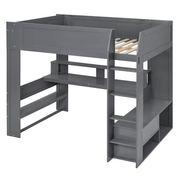 Wood Full Size Gaming Loft Bed with Desk, Multi-storage Shelves, LED and Charging Station, Dark Gray
