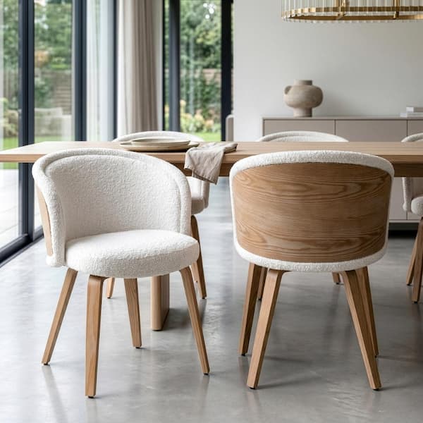 Beryl White Washed Boucle Fabric Dining Chair with Natural Wood Legs Set of 2