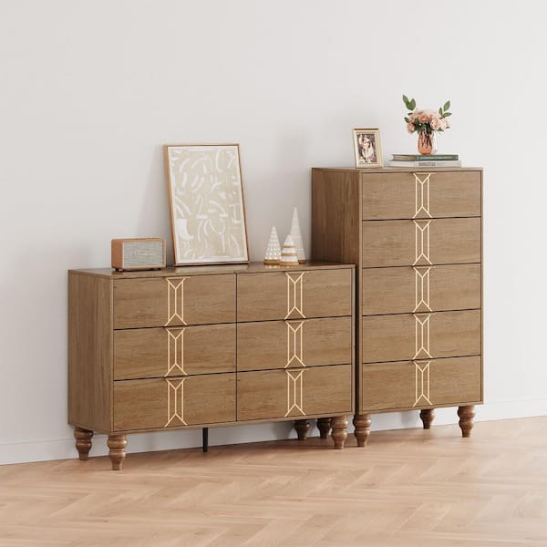 Garvee 47.2 in. Modern Wooden 6-Drawer Dresser with Vintage Pattern Design,  Chest of Drawers with Deep Drawers, Oak and Gold PHO_107RZLQP-YXY
