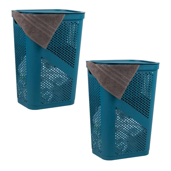 Blue 23.5 in. H x 13.75 in. W x 17.25 in. L Plastic 60L Modern Rectangle Laundry Room Hamper with Lid (Set of 2)