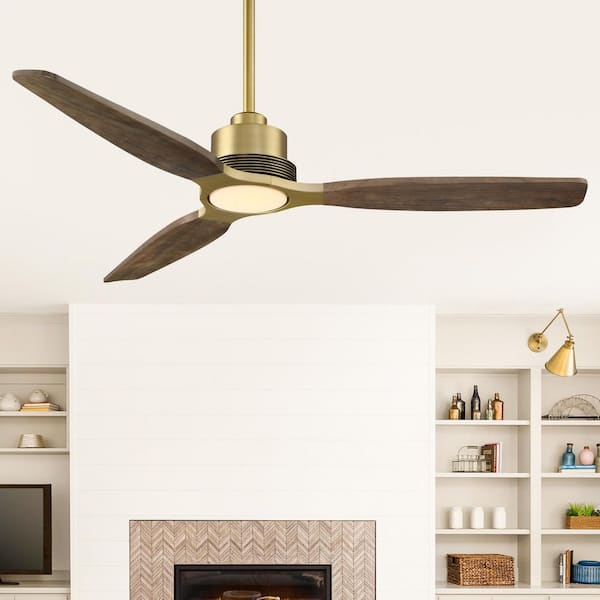 56 in. Indoor Integrated LED Soft Brass Downrod Mount Standard Ceiling Fan with Light, Walnut Wood Blades and Remote