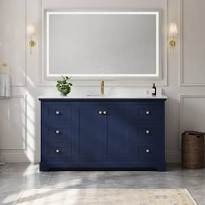 Avery 60in.Wx22 in.D Single Vanity in Dark Blue with Cultured Marble Vanity Top in Light-Vein Carrara with White Basin
