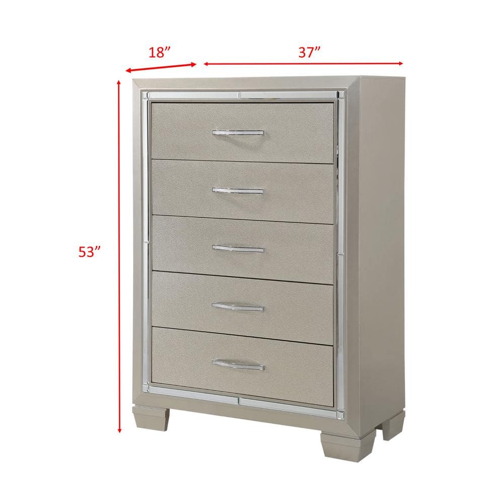 Platinum Gray Glam 5-Drawer Chest with Mirror Trim