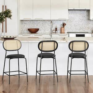 24 in. Black Rattan Metal Frame Wood Back Counter Height Bar Stools with Faux Leather Seat (set of 3)