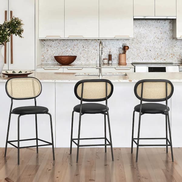 LUE BONA 24 in. Black Rattan Metal Frame Wood Back Counter Height Bar Stools with Faux Leather Seat (set of 3)