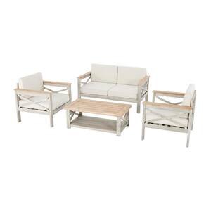 Coral Crest Weathered Light Teak 4-Piece Wood Patio Conversation Set with Beige Cushions