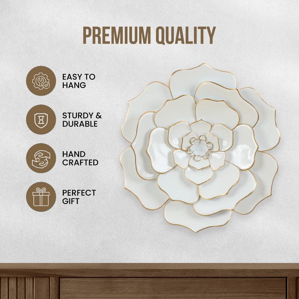 24-Inch White and Gold Iron Flower Wall Sculpture