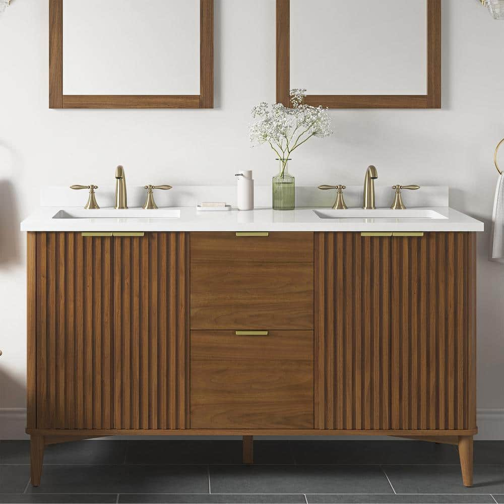 Gabi 60 in. W x 22 in. D x 35 in. H Double Sink Bath Vanity in Warm Walnut with White Engineered Marble Top -  OVE Decors, 15VVA-BERK60-18