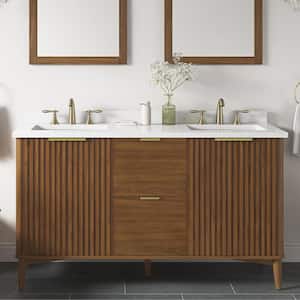 Gabi 60 in. W x 22 in. D x 35 in. H Double Sink Bath Vanity in Warm Walnut with White Engineered Marble Top