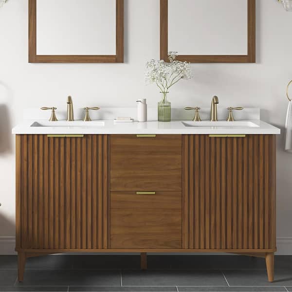 OVE Decors Gabi 60 in. W x 22 in. D x 35 in. H Double Sink Bath Vanity in Warm Walnut with White Engineered Marble Top