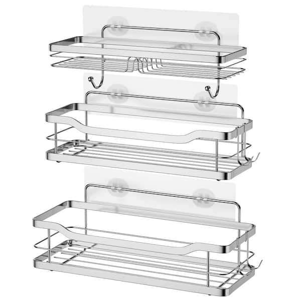 NVNOO 10.83 in. x 7.87 in. x 1.57 in. Rustproof Stainless Steel Shower Organizer with Hooks for Bathroom, Silve (3-Pack)