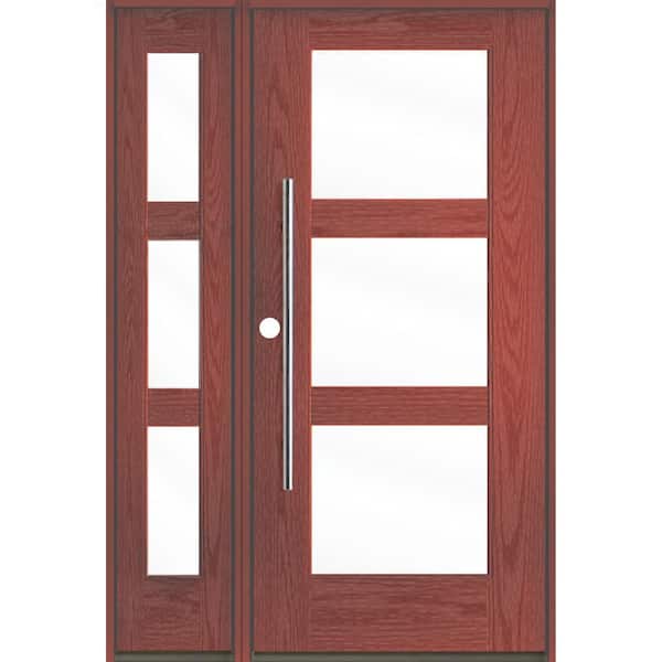 Modern Faux Pivot 50 in. x 80 in. 3-Lite Right-Hand/Inswing Clear Glass Redwood Stain Fiberglass Prehung Front Door wLSL