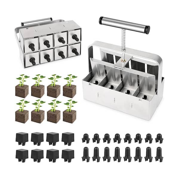 8-Cell Stainless Steel Hand-Held Manual Soil Blocker Seed Stater Tray with 3 Seed Pins for Outdoor Plant Garden, Gray