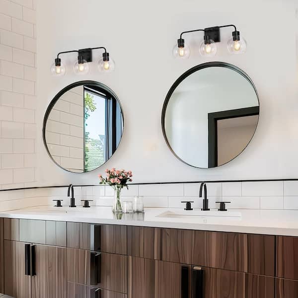 24.5 in. 3-Light Industrial Matte Black Bathroom Vanity Light, Modern Bath Lighting, Clear Globe Shade Wall Sconce
