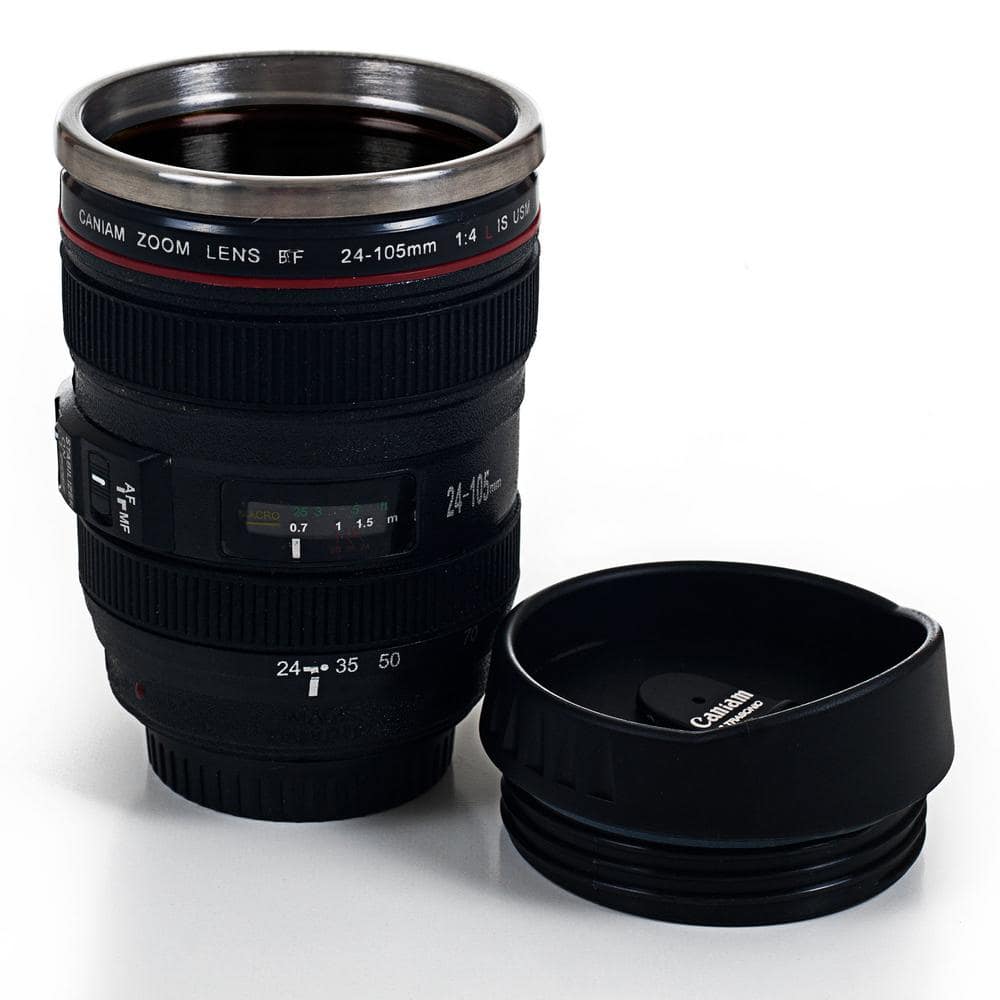 Black Stainless Steel Camera Lens Travel Tumbler with Lid