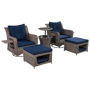 5-Pieces Wicker Patio Conversation Set Outdoor Swivel Chairs with Ottomans Cool Bar Side Tray and Navy Cushions