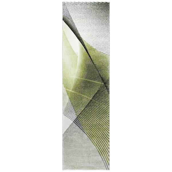 Hollywood 2 ft. x 10 ft. Gray/Green Striped Abstract Runner Rug