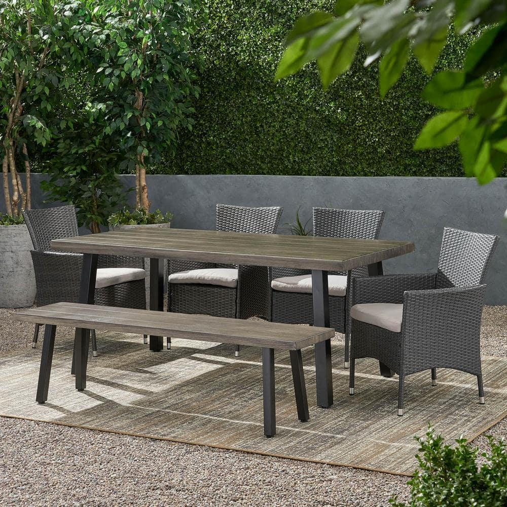 Noble House Pointe Grey 6-Piece Faux Rattan Rectangular Patio Outdoor ...