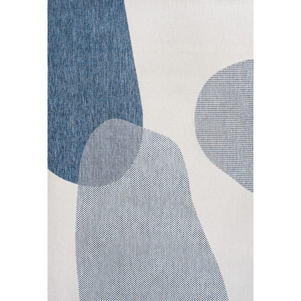 Zia Modern Geometric Organic Shapes Cream/Navy 5 ft. x 8 ft. Indoor/Outdoor Area Rug