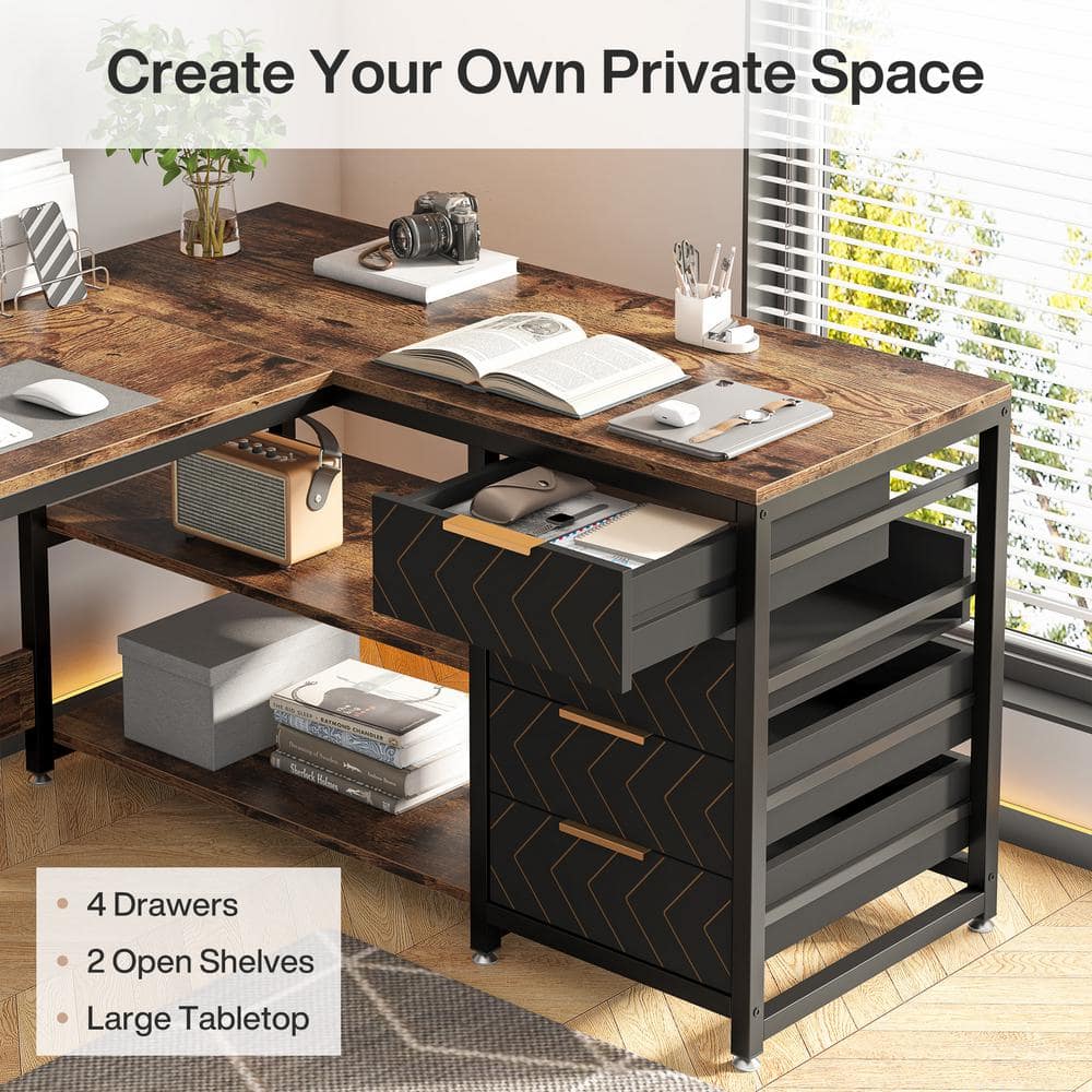 Brown L-Shaped Computer Desk with Drawers and Shelves