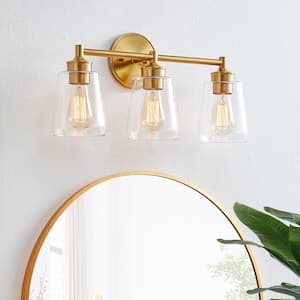 21.6 in. 3-Light Antique Brass Bathroom Vanity Light with Clear Glass Shades