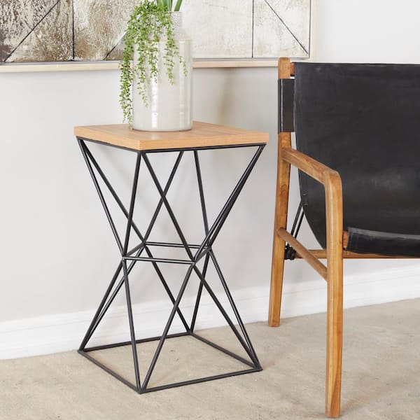 Litton Lane 14 in. Black Square Wood End Table with Brown Top