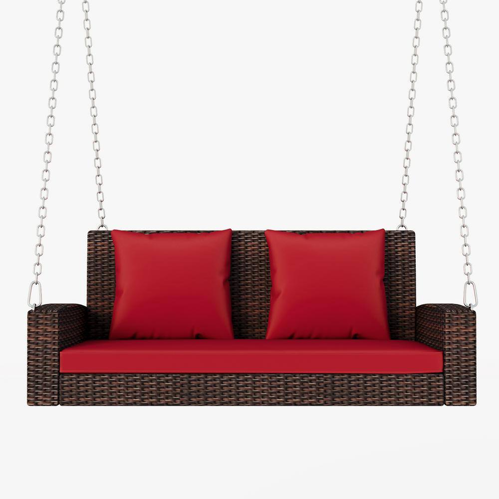 2-Person Brown Wicker Hanging Porch Swing with Chains Cushion, Pillow for G