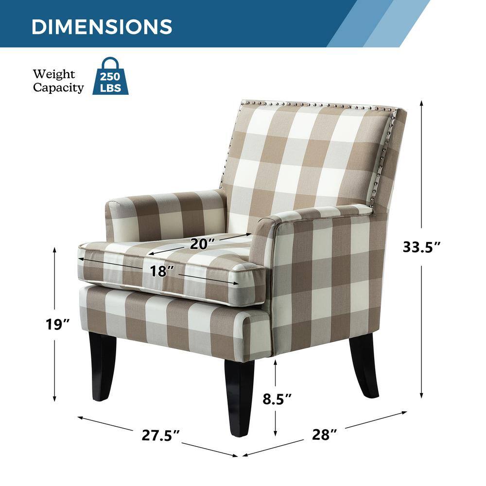 Plaid Beige Upholstered Accent Chair with Nailhead Trim