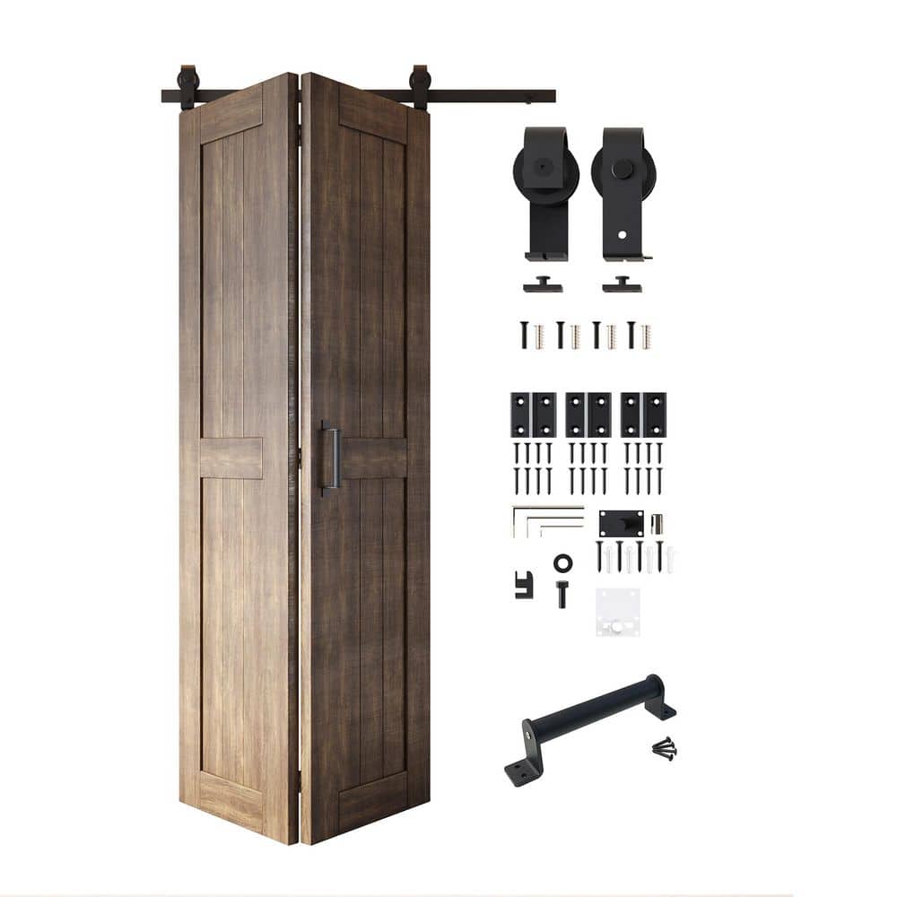 24 in. x 80 in. 5-in-1 Design Dark Walnut Solid Core Pine Wood Sliding Bi-Fold Door with T-Shape Roller Hardware Kit price history on PriceWatchPro
