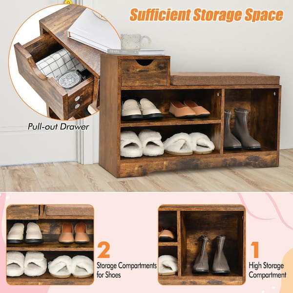 Small Bamboo Shoe Rack Bench Cushion Seat 2Tier Entryway Storage
