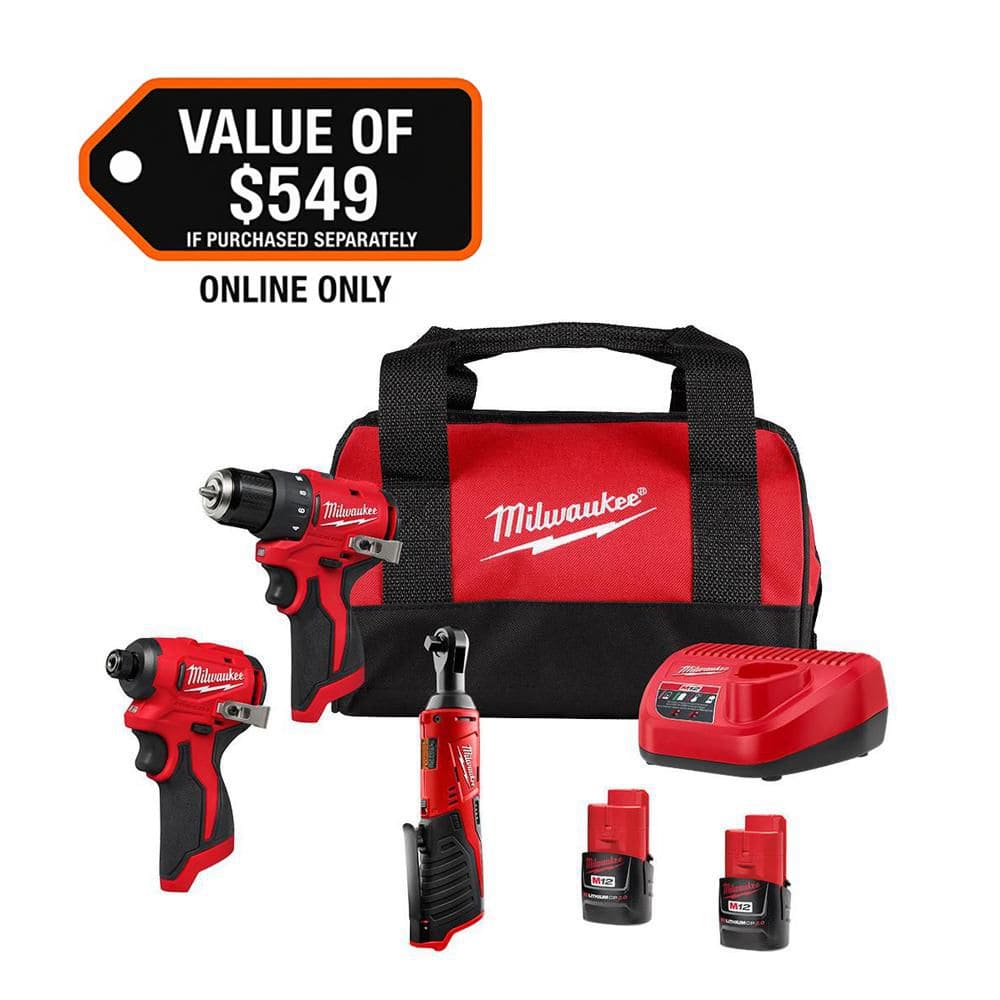 Milwaukee M12 12-Volt Lithium-Ion Brushless Cordless Subcompact Drill &Impact Driver Combo Kit with 3/8in Ratchet, Batteries & Bag 3494-23R
