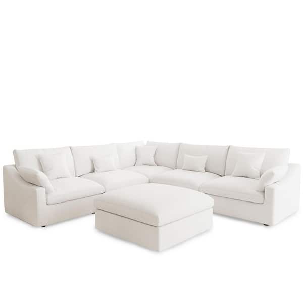 155.9 in. Square Arm 8-Piece Linen Down Feather Modular Free Combination Sectional Sofa with Ottoman in. White