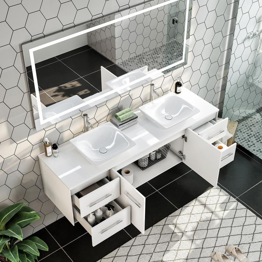 Wave 60" White Modern Double Sink Wall-Mount Bathroom Vanity