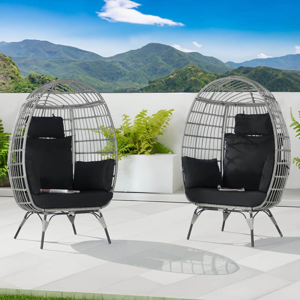 Oversized Outdoor Gray RatTan Egg Chair Patio Chaise Lounge Indoor Basket C